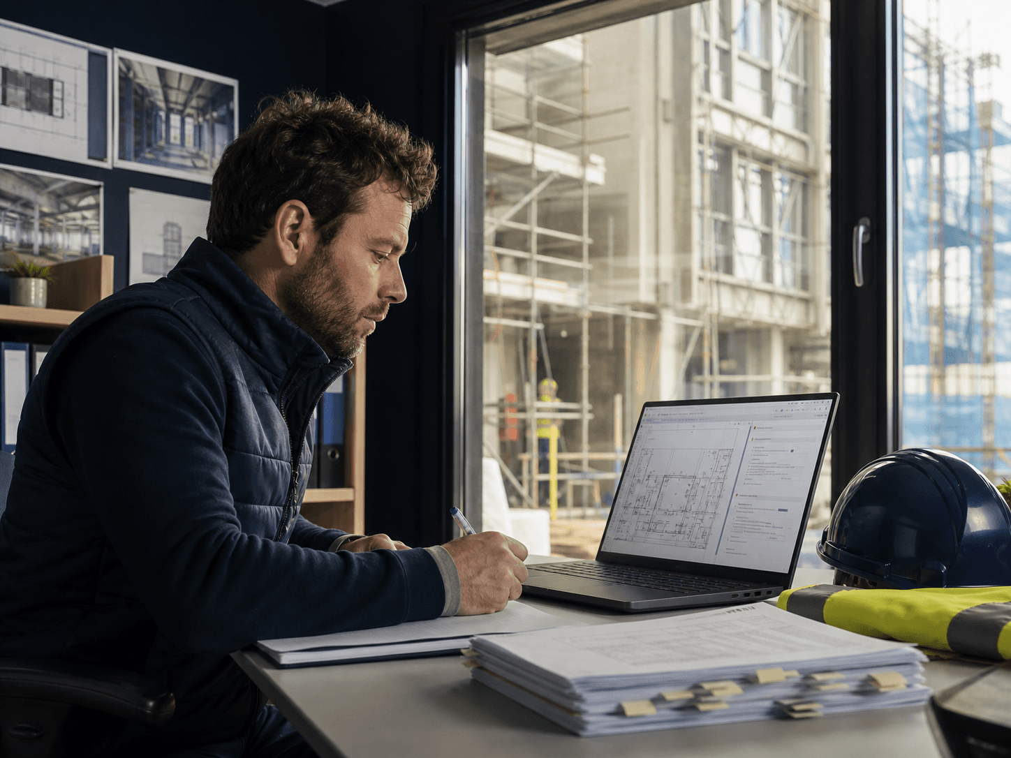 Competent construction professional reviewing controlled project documents.
