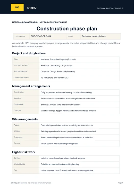 First page of the fictional SiteHQ Construction phase plan example.