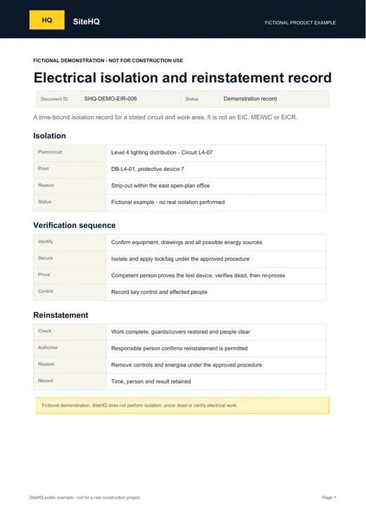 First page of the fictional SiteHQ Electrical isolation and reinstatement example.