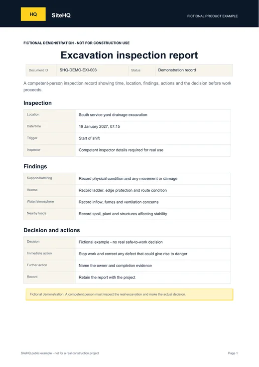 First page of the fictional SiteHQ Excavation inspection report example.