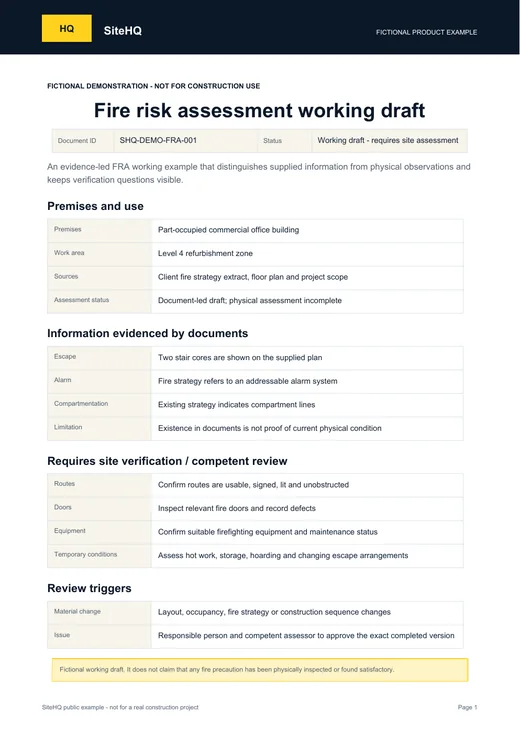 First page of the fictional SiteHQ Fire risk assessment working draft example.