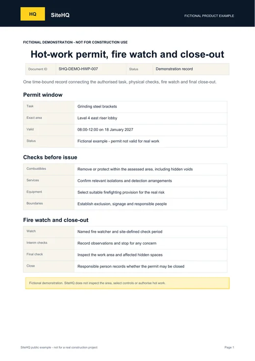 First page of the fictional SiteHQ Hot-work permit and close-out example.
