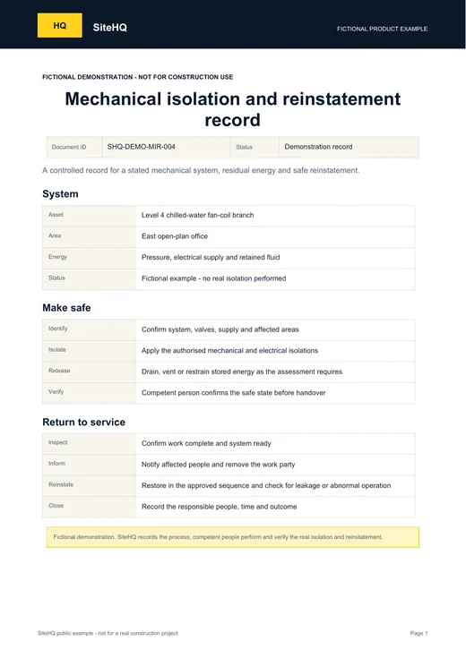First page of the fictional SiteHQ Mechanical isolation and reinstatement example.