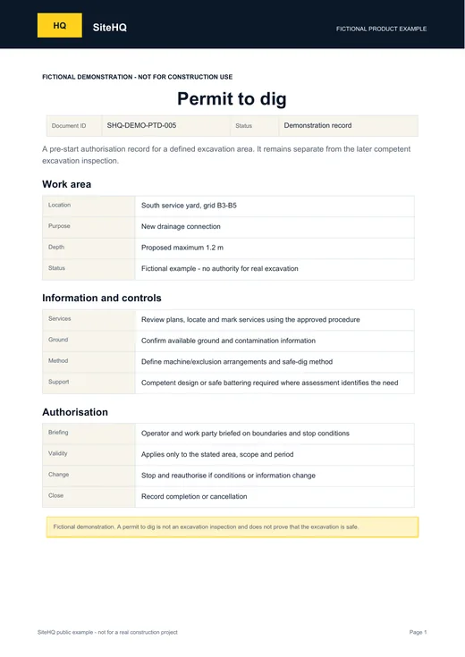 First page of the fictional SiteHQ Permit to dig example.