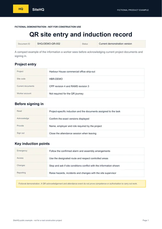 First page of the fictional SiteHQ QR site entry and induction record example.
