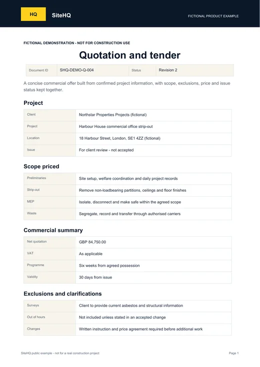 First page of the fictional SiteHQ Quotation and tender example.