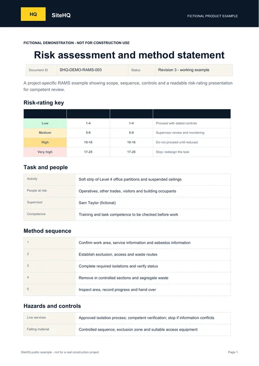 First page of the fictional SiteHQ Risk assessment and method statement example.
