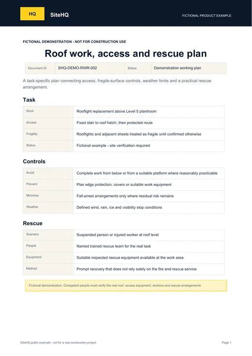 First page of the fictional SiteHQ Roof work, access and rescue plan example.
