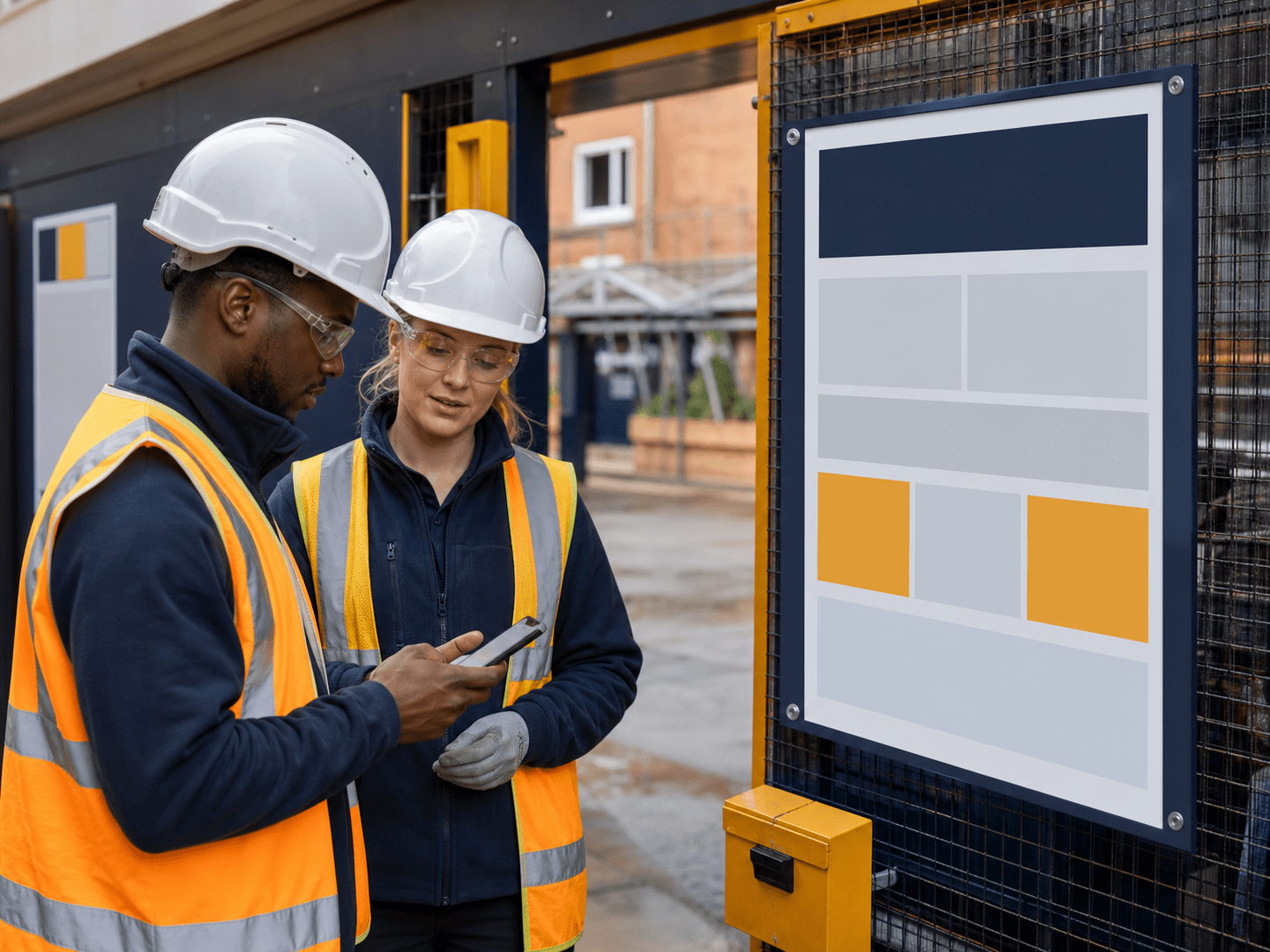 Construction worker and supervisor using a phone beside a generic site information board.