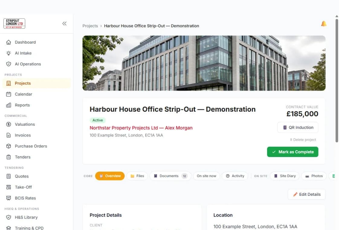 See every job and what needs attention in a fictional SiteHQ demonstration workspace.